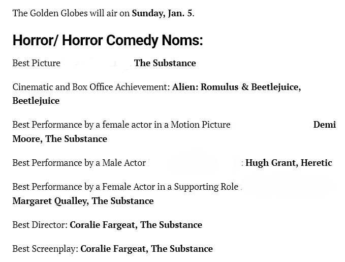 'The Substance' Scores Golden Globe Noms Aplenty Heretic ' 'Romulus' Get Nods.png