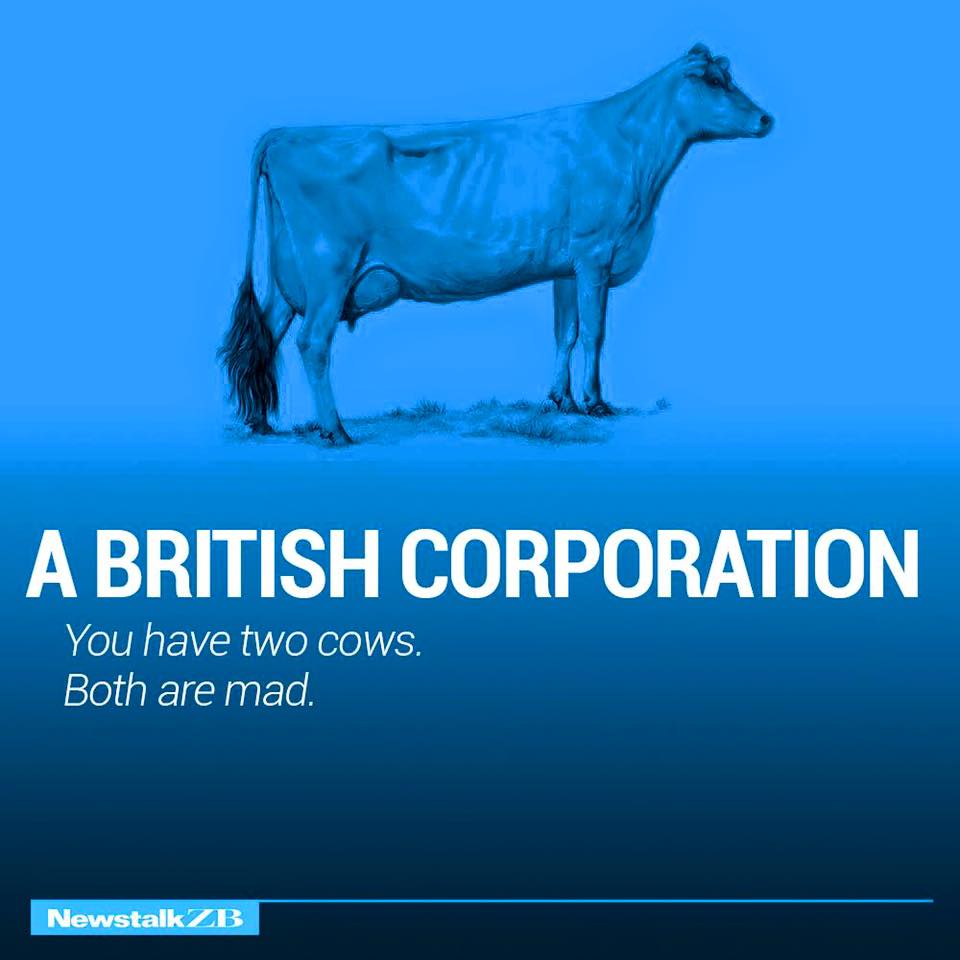 Image may contain: text that says A BRITISH CORPORATION You have two COWS. Both are mad. NewstalkZB