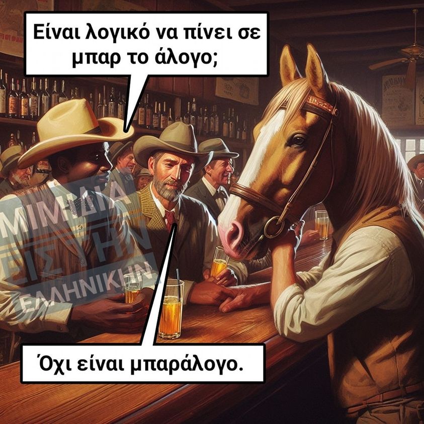 Μπορεί να είναι εικόνα 2 άτομα και κείμενο που λέει Είναι λογικό να πίνει σε μπαρ το άλογο; ይአር Όχι είναι μπαράλογο.